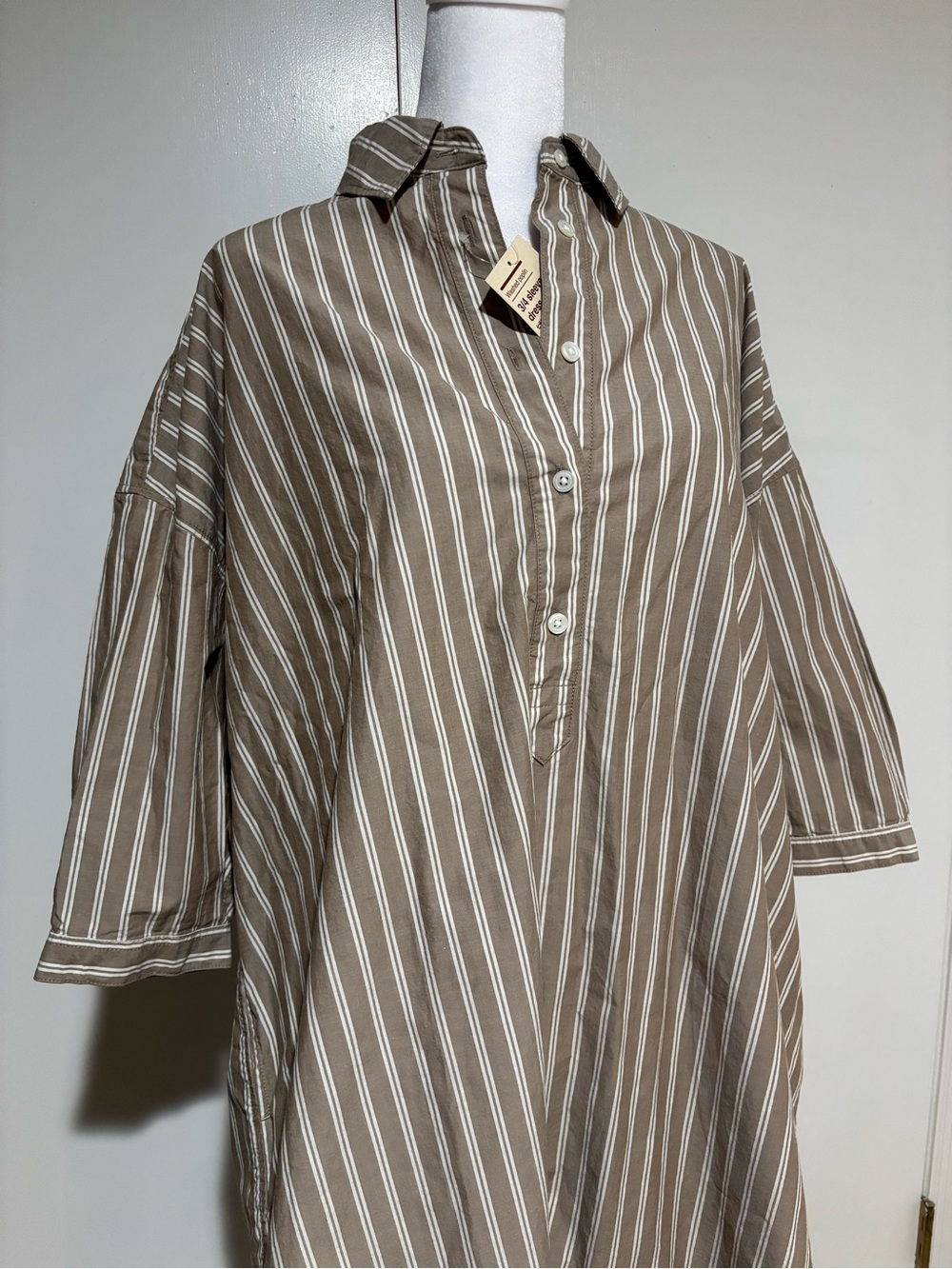 Muji Organic cotton Striped Collared Shirt Dress in Taupe and White - Picture 2 of 6